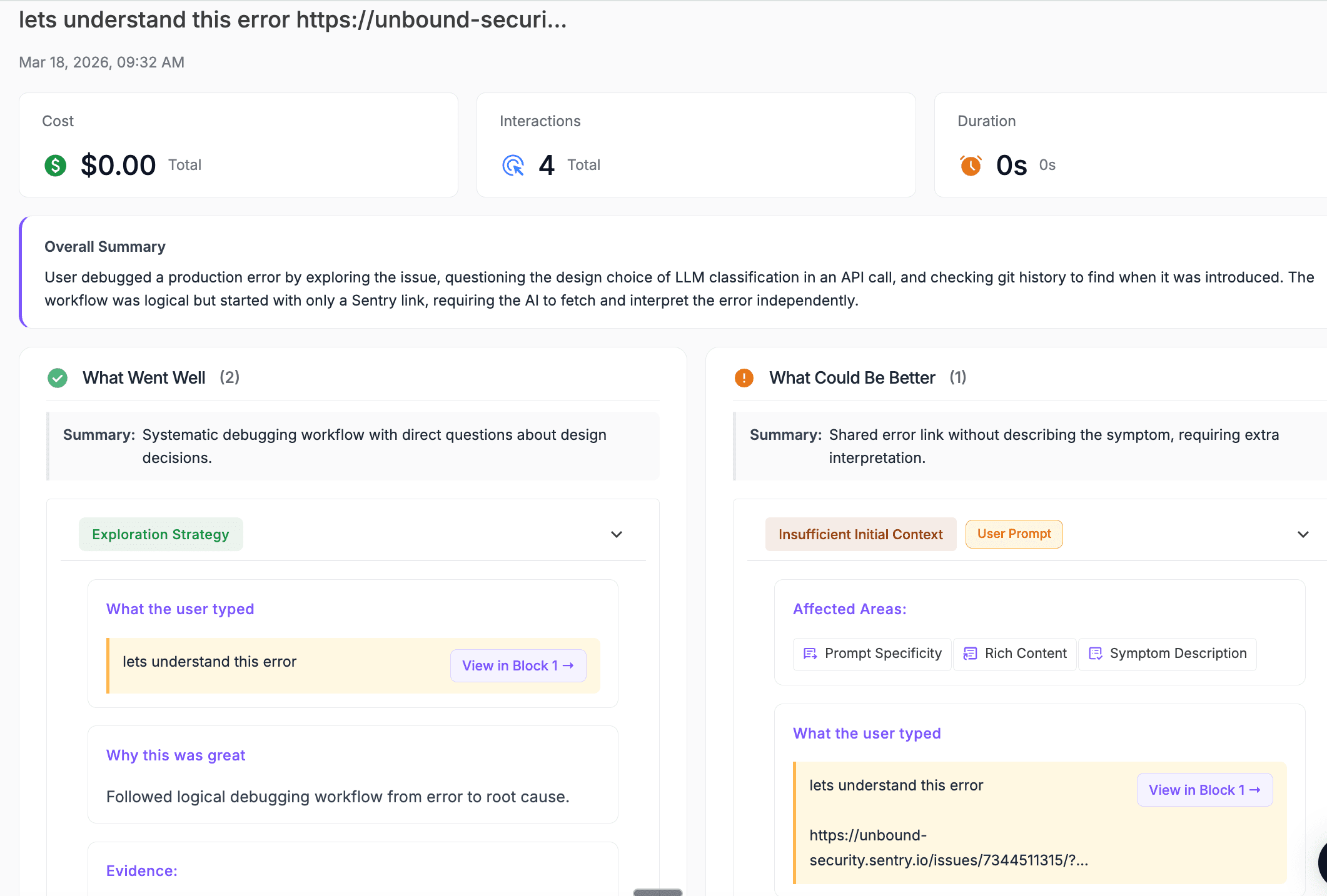 Prompt Insights — turn-by-turn analysis of a multi-turn coding session showing intent mapping and improvement suggestions